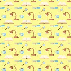 Seamless pattern with office tools for education, writing utensils, stationery, table lamp, book, magnifier, cup of tea on a yellow background