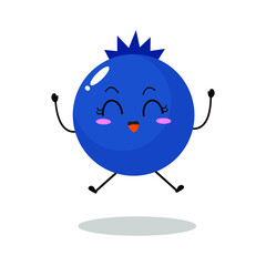 Vector illustration of a flat blueberry character with cute jump high expression, isolated on white background, simple minimal style, fresh fruit for mascot, emoticon