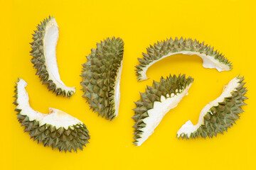 Durian peel on yellow background.