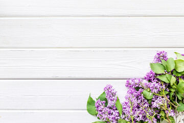 Flowers composition. Purple lilac flay lay, copy space