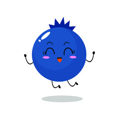 Vector illustration of a flat blueberry character with cute jump expression, isolated on white background, simple minimal style, fresh fruit for mascot, emoticon
