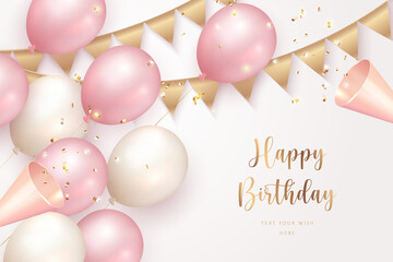 Elegant girlsih pink ballon Happy Birthday celebration party popper and ribbon decoration