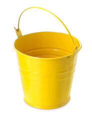 close-up view of yellow bucket on white background - obrazy, fototapety, plakaty