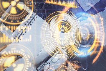 Multi exposure of technology theme drawing over table with phone. Top view. Concept of hightech.