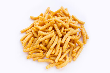 Prawn cracker sticks on white background. Shrimp crisp rice snack