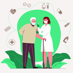 Coronavirus Vaccination. Doctor injecting a patient.  Senior vaccination.Vector Illustration concept.
