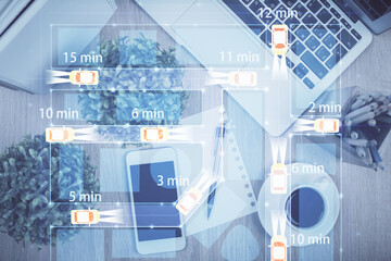 Fototapeta na wymiar Multi exposure of auto technology theme drawing over table with phone. Top view. Concept of automatic pilot.