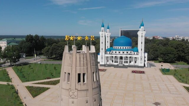 The Cathedral Mosque and the Tower of Memory and Unity in Maykop, Adygea, symbol of the city Aerial photography capital of the Circassians