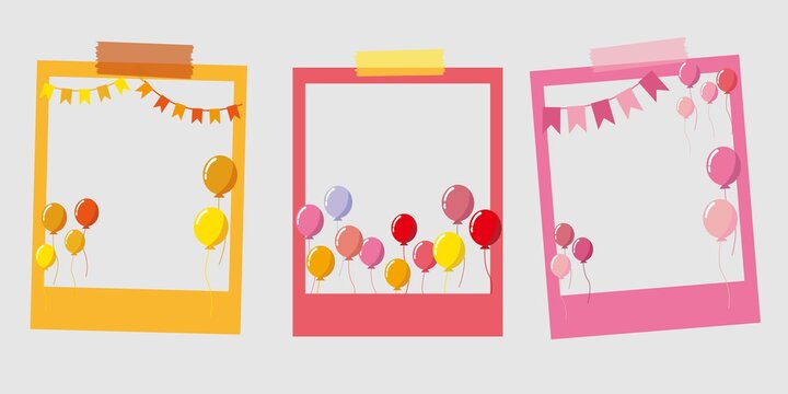 Polaroid photo frames decoration with colorful balloons and flag garland. Vector illustration.