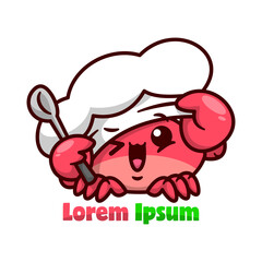 CUTE RED CRAB WEARING CHEF HAT AND HOLDING SOUP SPOON. HIGH QUALITY CARTOON MASCOT.