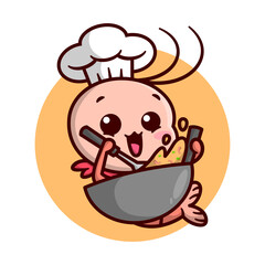 CUTE SHRIMP CHEF IS COOKING FOOD WITH A BIG FRYER. HIGH QUALITY CARTOON MASCOT. 