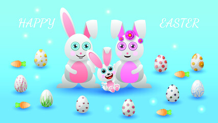 Happy Easter Hare Rabbit Bunny Eggs Greeting Background. Vector Design Banner Party Invitation Web Poster Flyer Stylish Brochure, Greeting Card Template