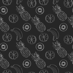 Exotic fruits drawn on a dark background by one line.