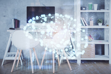 Multi exposure of brain drawing and office interior background. Concept of data technology.