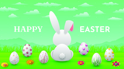 Happy Easter Hare Rabbit Bunny Eggs Greeting Background. Vector Design Banner Party Invitation Web Poster Flyer Stylish Brochure, Greeting Card Template