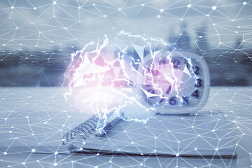 Multi exposure of brain drawings and desk with open notebook background. Concept of AI