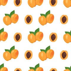 Seamless background with apricots, seeds and leaves. A cute summer or spring print with whole and halved fruit. Festive decoration for textiles, wrapping paper and design. Vector flat illustration