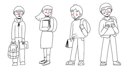 Line art kids with cute red cheeks back to school with backpacks, books and notepads isolated on white background