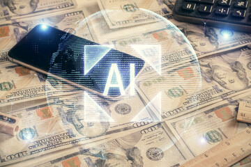 Double exposure of data theme drawing over us dollars bill background. Technology concept.