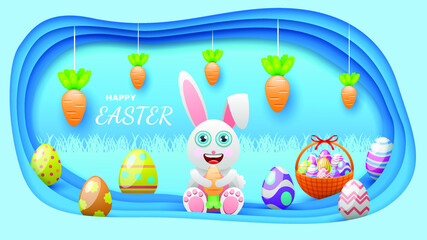 Happy Easter Clouds Rabbit Carrots Paper Cut Banny Eggs Greeting Background. Vector Design Banner Party Invitation Web Poster Flyer Stylish Brochure, Greeting Card Template