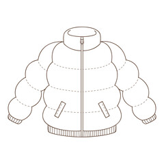 Down jacket. Autumn outerwear. Design element with outline. Autumn theme. Doodle, hand-drawn. Black white vector illustration. Isolated on a white background