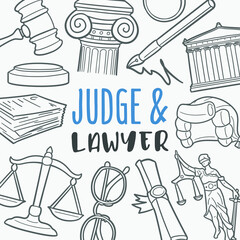 Judge And Lawyer Doodle Banner Icon. Protection Vector Illustration Hand Drawn Art. Line Symbols Sketch Background.