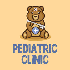 Pediatric clinic logo mascot. Cute vector teddy bear is wounded. Plush toy icon. Element for hospital for children.