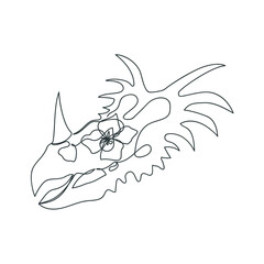 Skull of a Styracosaurus with a flower in its eye socket drawn by a continuous line. Dinisaur sketch. Abstract. Minimal print. Modern art. Vector illustration in graphic style.