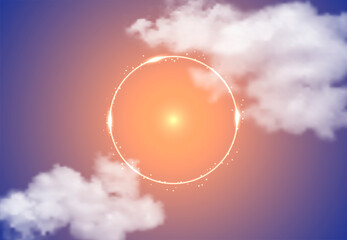 Realistic clouds and a glowing circle with highlights on the background of a yellow-violet sky.