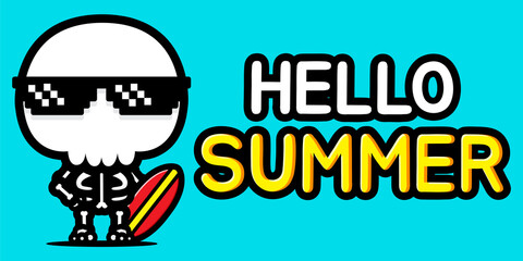 cute skull skeleton cartoon vector design is on hello summer greeting card