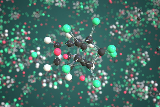 Endrin molecule made with balls, conceptual molecular model. Chemical 3d rendering