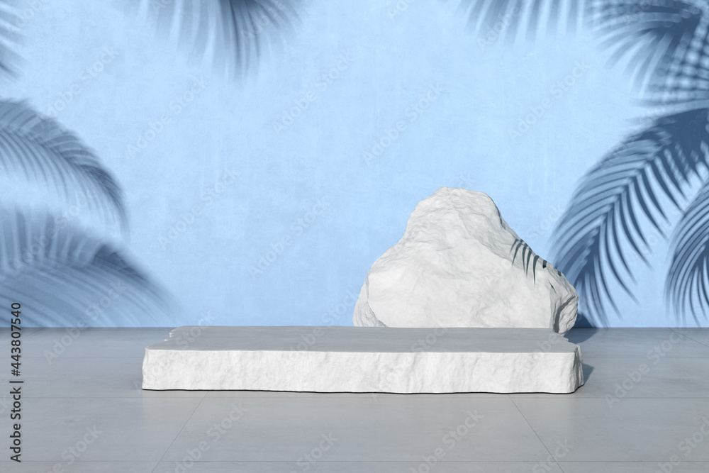 Poster 3d rendering of white stone podium for product presentation on blue concrete wall with palm leaf sha