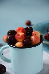 Yellow and red sweet cherries. Fresh ripe sour cherries.