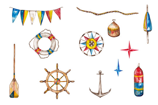 Nautical ahoy clipart. Anchor, life ring, compass, boat oar, ship's flags, buoy, rope and stars. Red-blue yellow marine decor. Watercolor hand painted isolated elements on white background.