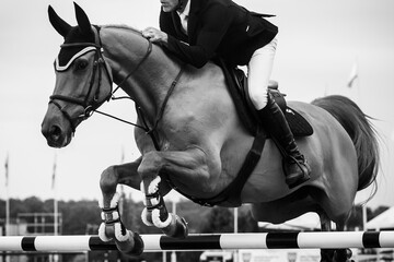 Fototapeta na wymiar Black and white Equestrian Sports photo-themed: Horse jumping over the obstacle.