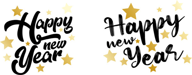 Text set: happy new year black with gold stars without background. Can be used as a poster or banner