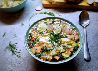 cold soup okroshka on the table