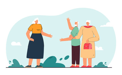 Old woman jealous of husband. Wife holding arm of elderly person greeting lady in street flat vector illustration. Age, relationship, jealousy concept for banner, website design or landing web page