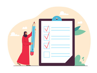 Arab woman in hijab holding giant pencil next to checklist. Muslim female character checking tasks flat vector illustration. Success, questionnaire concept for banner, website design or landing page