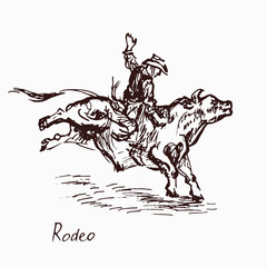 Rodeo, cowboy on bull, woodcutstyle ink drawing illustration with inscription