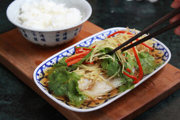 snapper fish steamed with soy sauce with ingredient