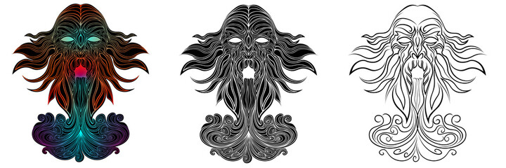 Three variants of the tattoo of a mythical abstract old man or wizard. Silhouettes of a man with water or air flowing out of his mouth. Set of 3 illustrations of a mage. Vector illustration.