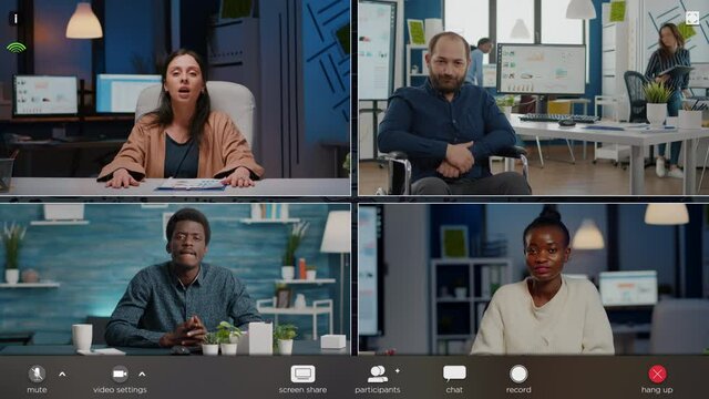 Team of business people on online video conference call, talking about new project. Internet teleconference web meeting, splint screen montage from home and office, diverse colleagues
