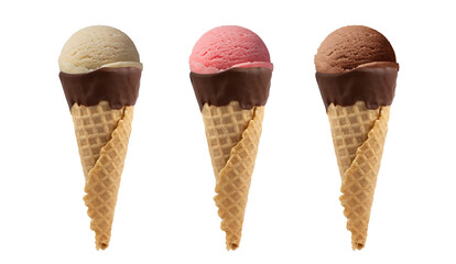 Ice cream in cone vanilla, strawberry and chocolate flavors isolated on white background.
