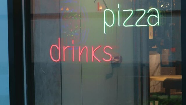 coffee pizza drinks neon sign window case .concept public catering