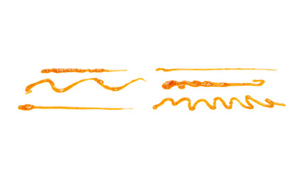 Orange apricot jam splashes isolated on white background. Top view.