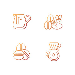 Coffee preparation gradient linear vector icons set. Milk pitcher for barista. Raw beans. Roasted arabica. Thin line contour symbols bundle. Isolated vector outline illustrations collection
