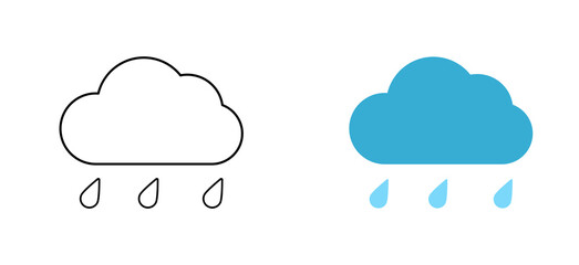 Set with different weather icons. Icons of cloud and rain on a white background. Cloudy vector logo. Linear and color logo with rain.