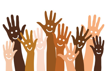 Vielfältige Hände mit Smiley als Hintergrund