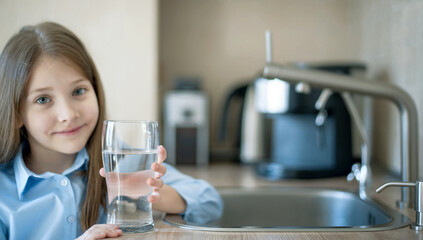 Little girl drinking from water tap or faucet in kitchen. Pouring fresh drink. Healthy lifestyle. Water quality check concept. World water monitoring day. Environmental  pollution problem